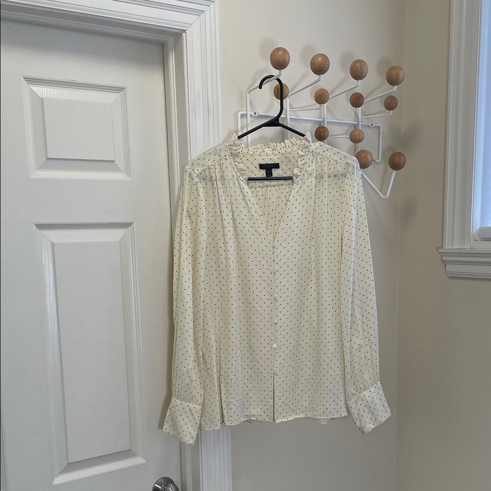J Crew Silk Classic Poka Dot Long Sleeve Button Down Shirt Neutral Tall Large